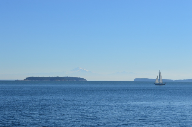 A sail boat on the ocean with a mountain in the background